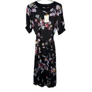 Who What Wear Heirloom Floral Dress 2X Black Floral Print Midi With Waist Tie